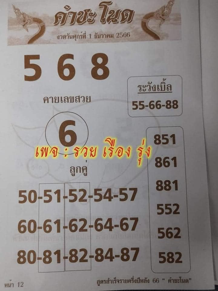 คำชะโนด 1 12 66"Latest lucky numbers, chanot words"