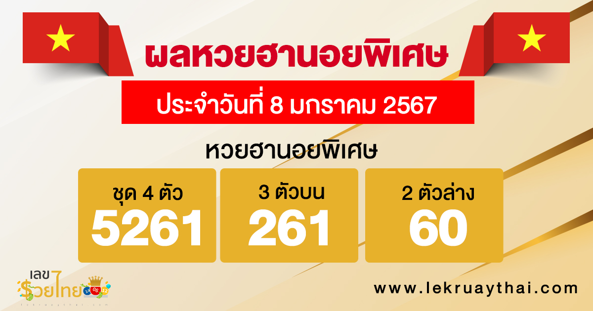 ผลหวยฮานอยพิเศษ 8/1/2567-"Special Hanoi lottery results 8/1/2024"