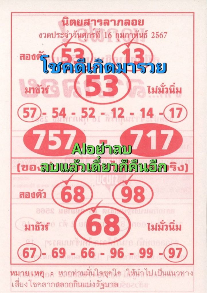 เลขลาภลอย 16 02 67-"Fortune number 16 02 67"