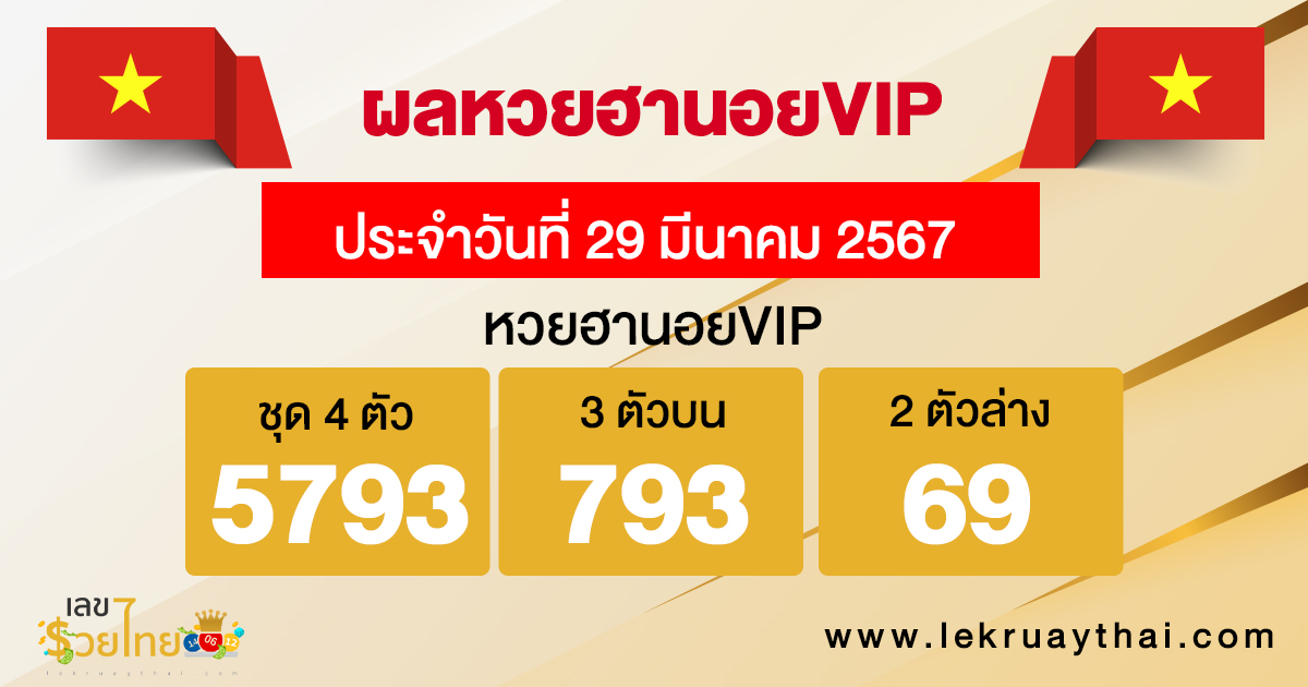 ผลหวยฮานอยVIP 29/03/67 -"Hanoi VIP lottery results 29/03/67"