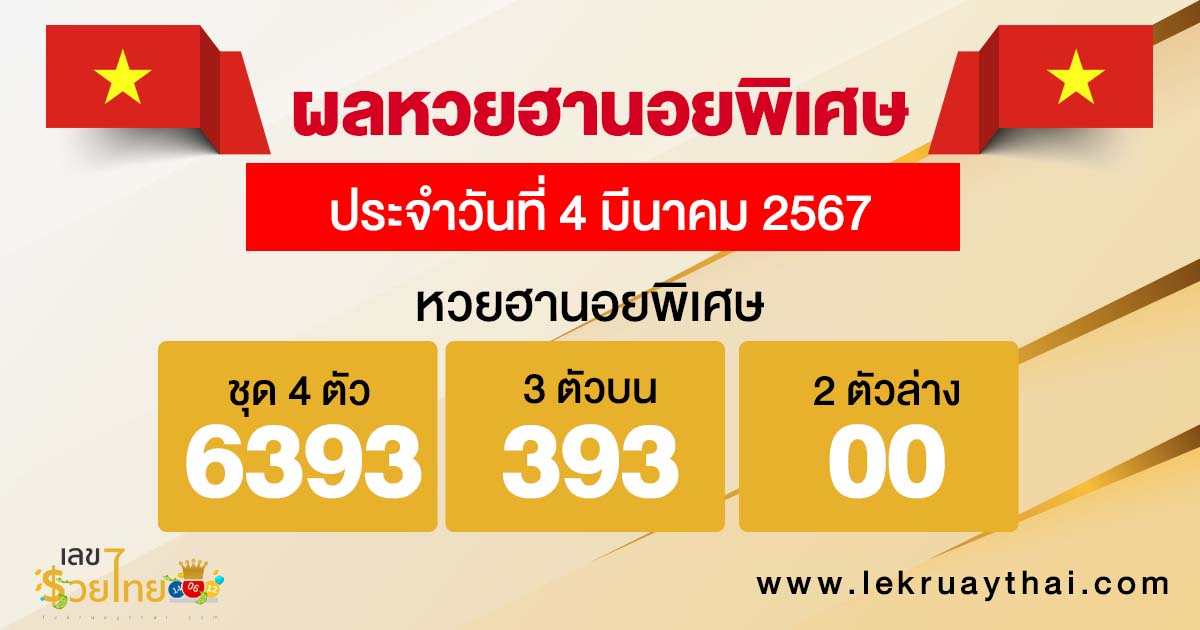 ผลหวยฮานอยพิเศษ 4/03/67-"Special Hanoi lottery results 4-3-67"