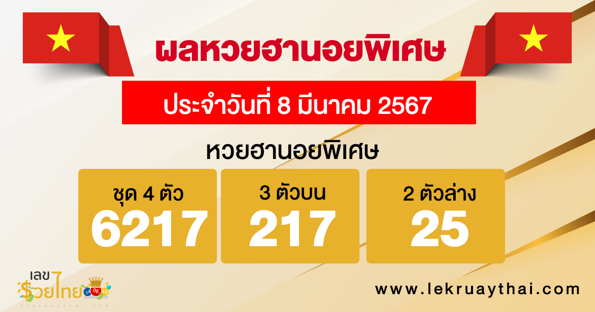 ผลหวยฮานอยพิเศษ 8/03/67 -"Special Hanoi lottery results 8/03/67"
