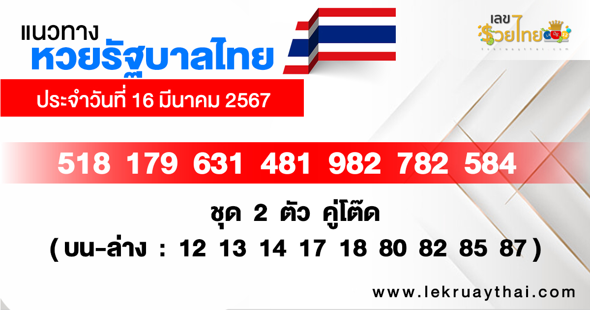 แนวทางหวยรัฐบาลไทย 16/03/67-"Thai government lottery guidelines 16/03/67"