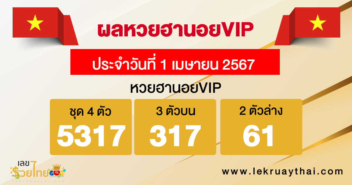 ผลหวยฮานอยVIP 1/04/67 -"Hanoi VIP lottery results 1/04/67"
