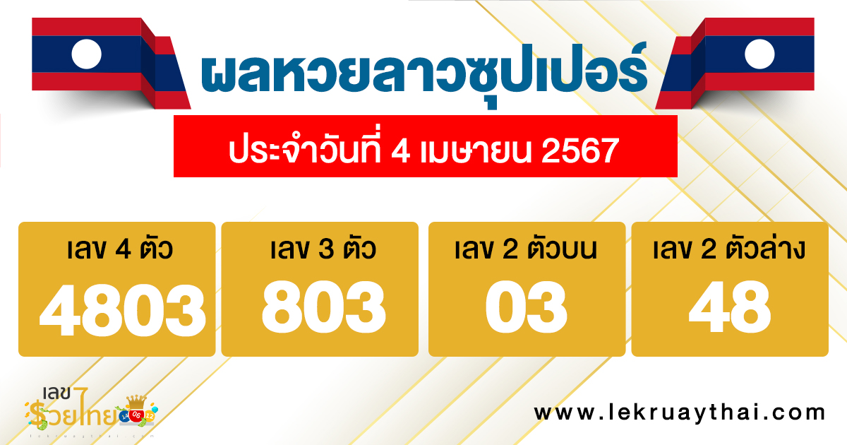 ผลหวยลาวซุปเปอร์ 4/04/67-"Lao Super Lottery results"