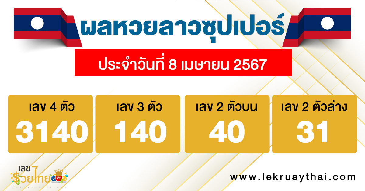 ผลหวยลาวซุปเปอร์ 8/04/67-"Lao Super Lottery results 8-04-67"