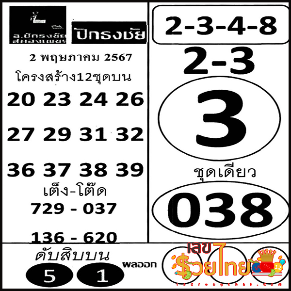 เลขปักธงชัยบน-ล่าง 2 5 67-"Pak Thong Chai numbers top-bottom 2 5 67"