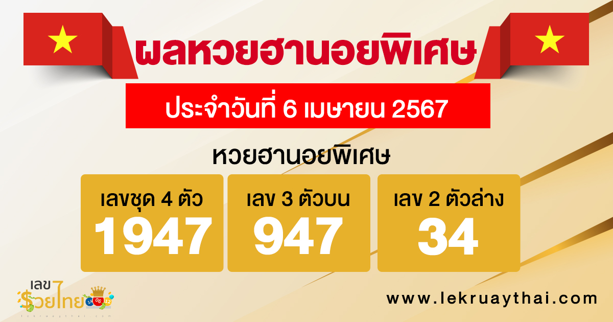 ผลหวยฮานอยพิเศษ 6/04/67-"Special Hanoi lottery results 6-04-67"