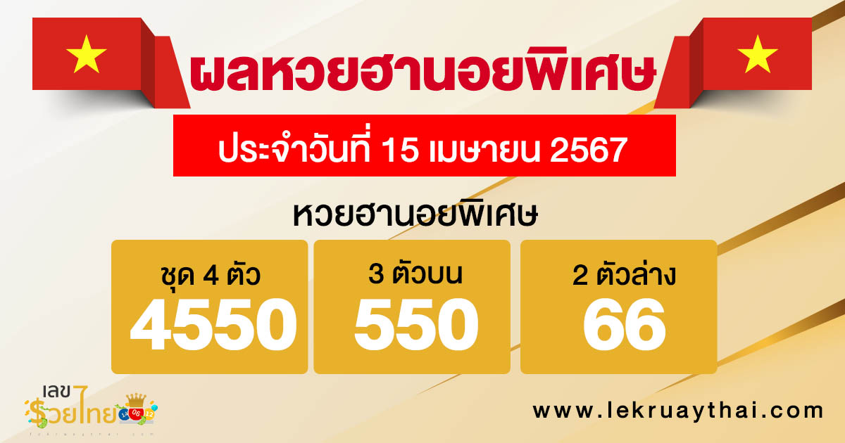 ผลหวยฮานอยพิเศษ 15/04/67-"Special Hanoi lottery results 15-04-67"
