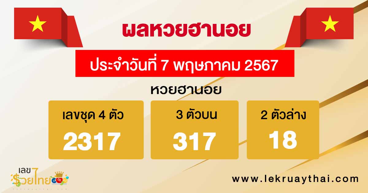 ผลหวยฮานอย 7/05/67-"Hanoi lottery results 7-05-67"