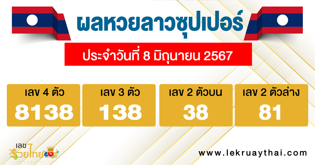 ผลหวยลาวซุปเปอร์ 8/06/67-"Lao Super Lottery results 8 06 67"