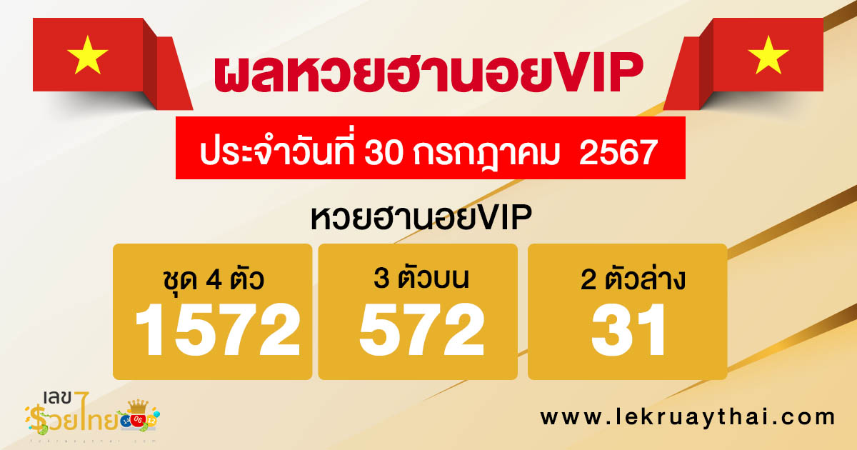 ผลหวยฮานอยVIP 30/7/67 - "Hanoi VIP lottery results 30- 07- 67"