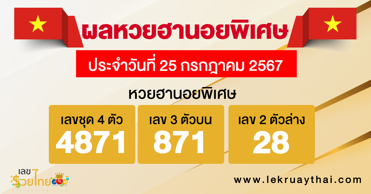 ผลหวยฮานอยพิเศษ 25/7/67-"Special Hanoi lottery results 25-7-67"