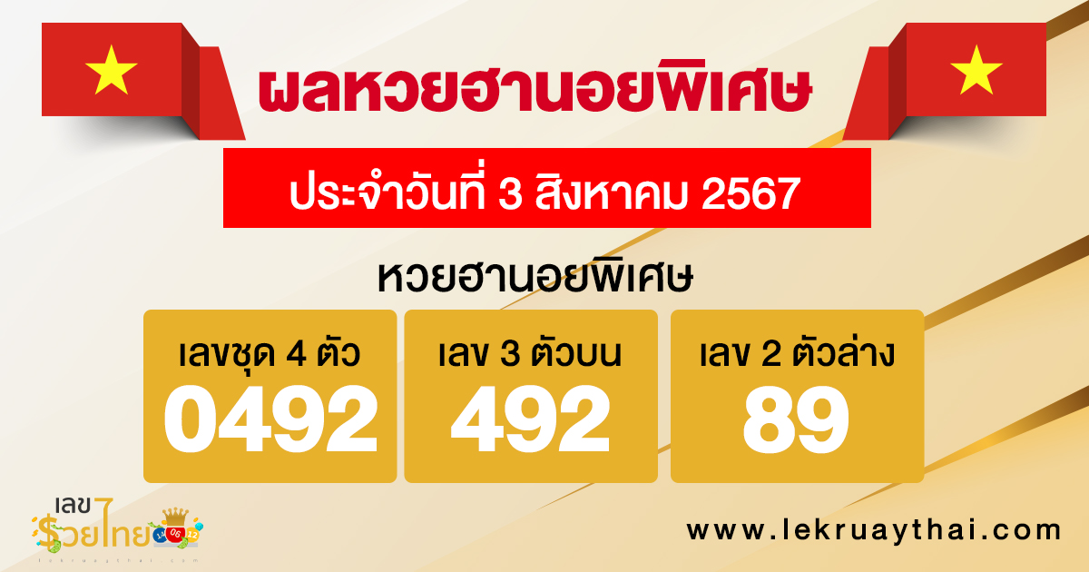 ผลหวยฮานอยพิเศษ 3/8/67-"Special Hanoi lottery results 3867"