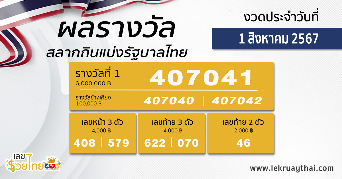 ผลหวยรัฐบาลไทย 1/8/67 -"Thai government lottery results 1/8/67"