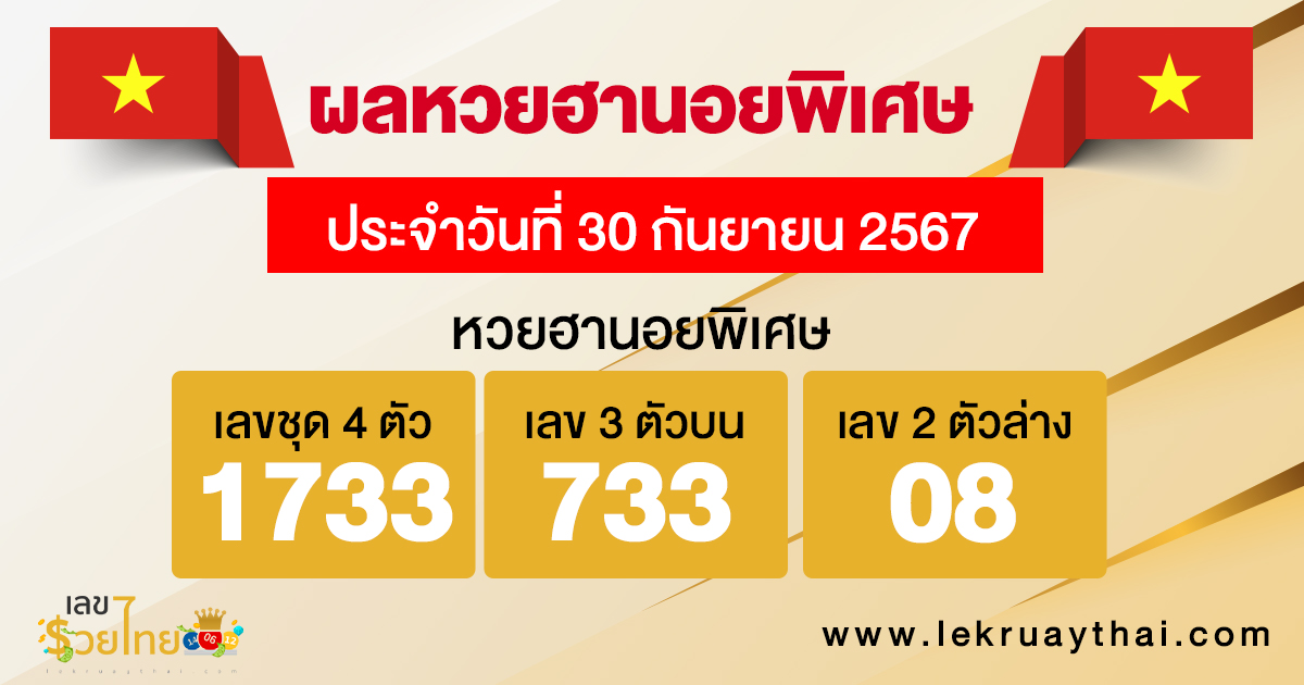 ผลหวยฮานอยพิเศษ 30/09/67-"Special Hanoi lottery results 300967"