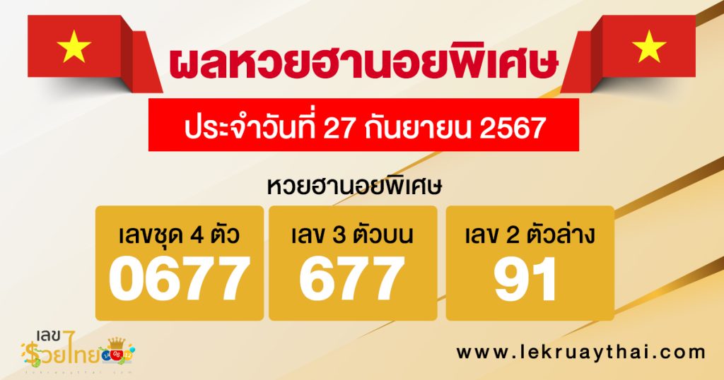 ผลหวยฮานอยพิเศษ 27/09/67 - "Special Hanoi lottery results 27.09.67"
