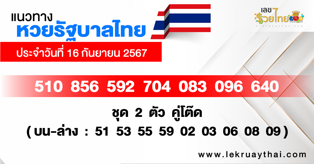 แนวทางหวยรัฐบาลไทย 16/9/67-"Thai government lottery guidelines 16967"
