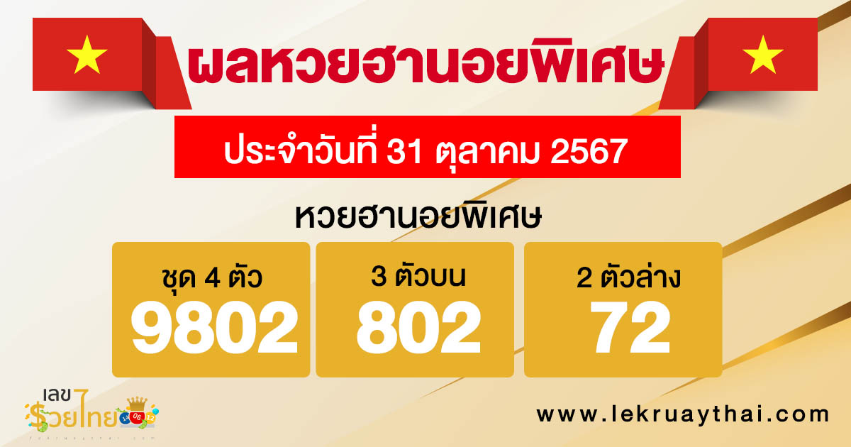 ผลหวยฮานอยพิเศษ 31/10/67-''Special Hanoi lottery results 31/10/67''