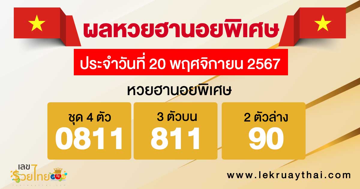ผลหวยฮานอยพิเศษ 20/11/67-"Special Hanoi lottery results"