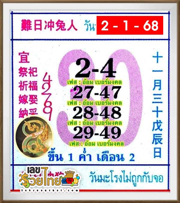เลขปฏิทิน 2 1 68-"Calendar number"