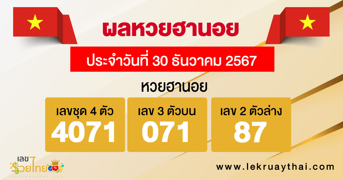ผลหวยฮานอย 30/12/67 -"Hanoi lottery results 30-12-67"