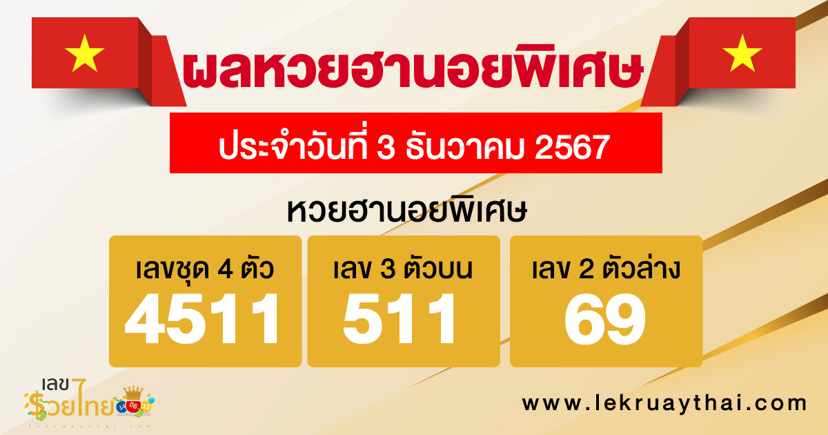 ผลหวยฮานอยพิเศษ 3/12/67-"Special Hanoi lottery results 3/12/67"