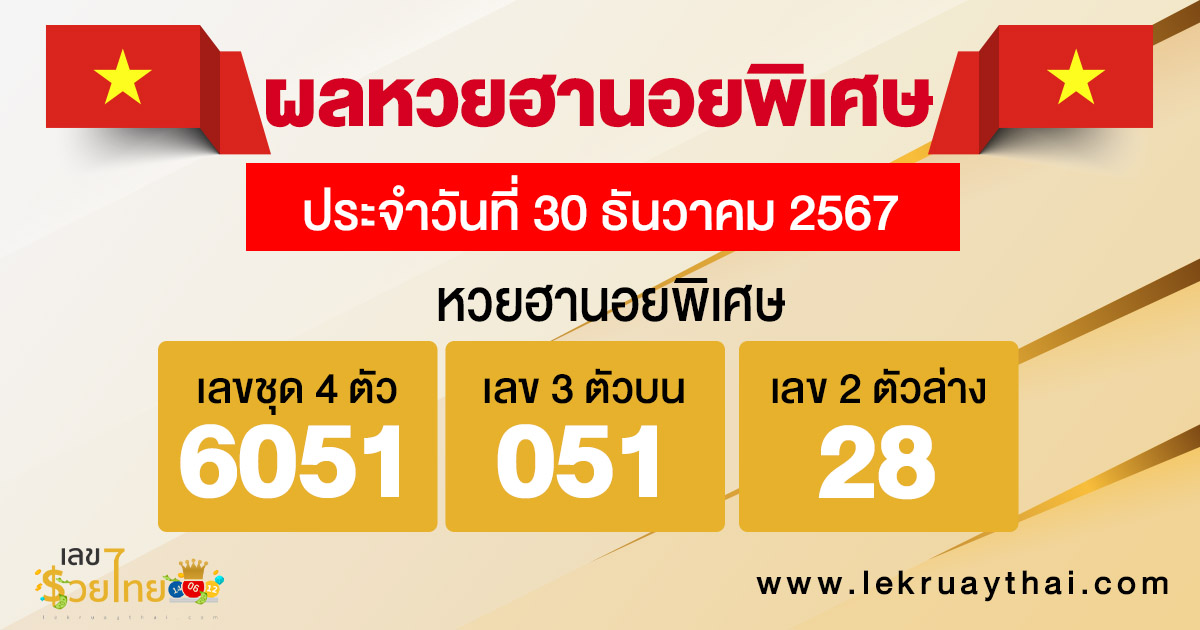 ผลหวยฮานอยพิเศษ 30/12/67 -"Special Hanoi lottery results 30/12/67"