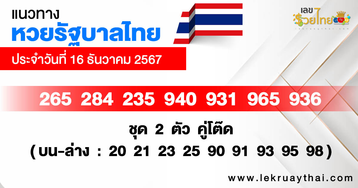 แนวทางหวยรัฐบาลไทย 16/12/67 -"Thai Government Lottery Guidelines 16/12/67"