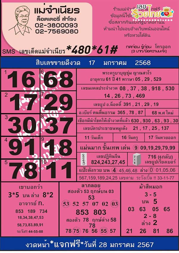 เลขแม่จำเนียร 17 1 68-"Mother Jamnian's number"
