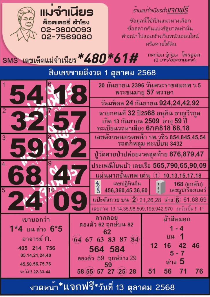 หวยแม่จำเนียร 1/10/68