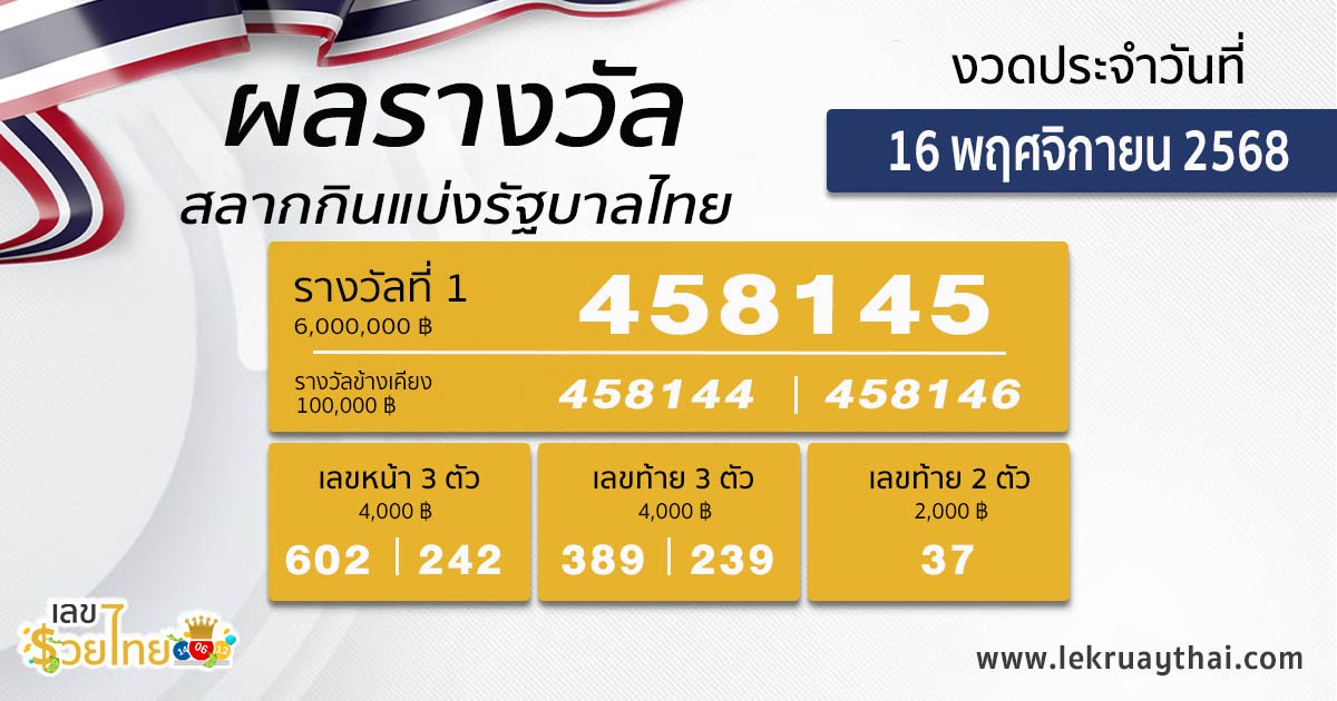 รูปภาพผลหวยรัฐบาลไทยวันที่ 16 พ.ย. 2568 ของ heng99