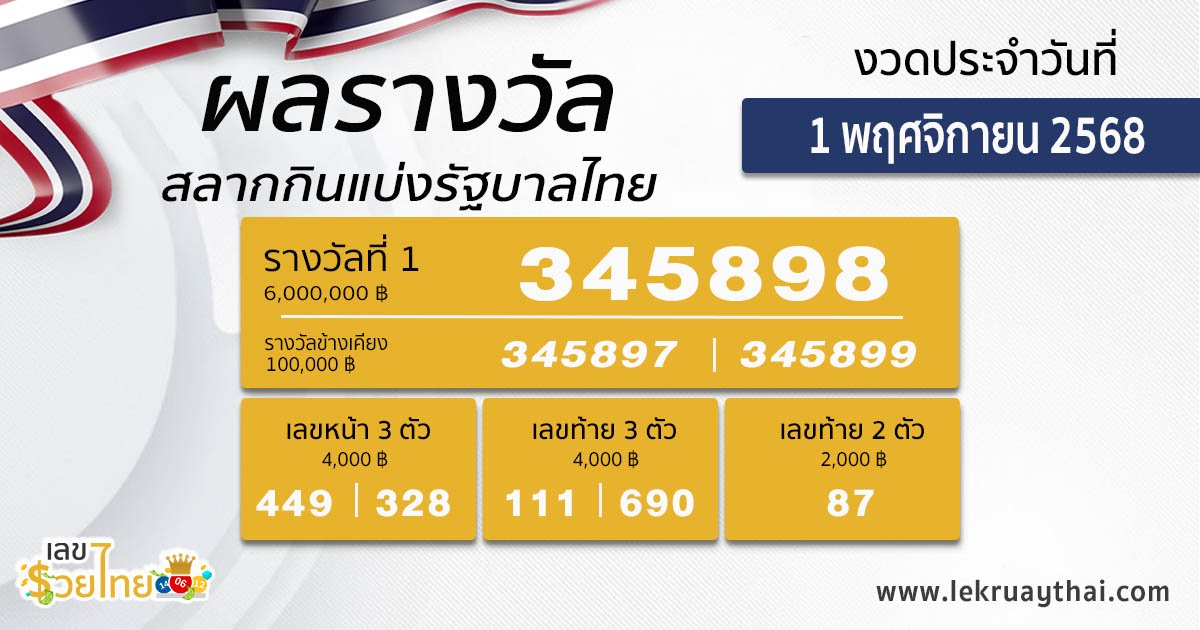 รูปภาพผลหวยรัฐบาลไทยวันที่ 1 พ.ย. 2568 ของ heng99